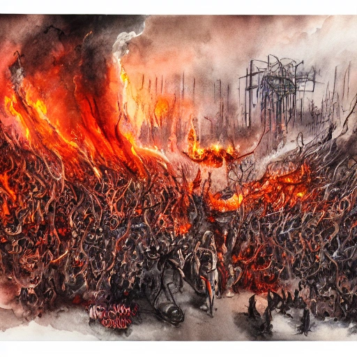 horrible, sad, burning and terrifying place, center of hell, people in the fire screaming everywhere apocalyptic vivid color scheme, terrifying detailed watercolor by Lurid. (2022)