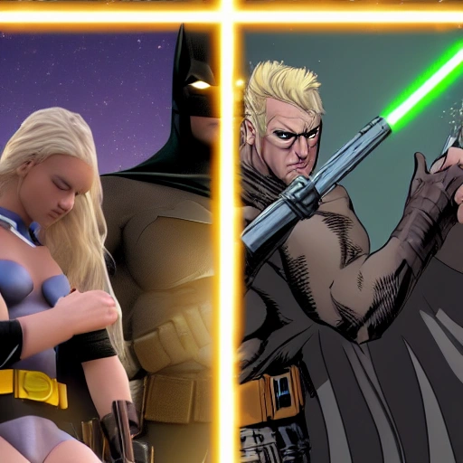 8k，batman vs a beautiful Jedi young wowan with blonde hair，background， ultra detail of the combat
