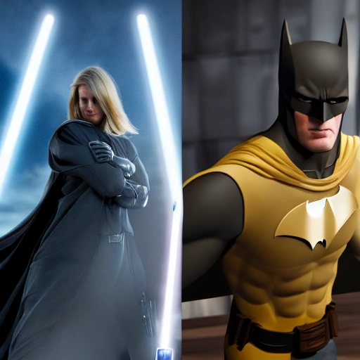 8k，batman vs a young beautiful Jedi wowan with blonde hair，background， ultra detail, highest quality
