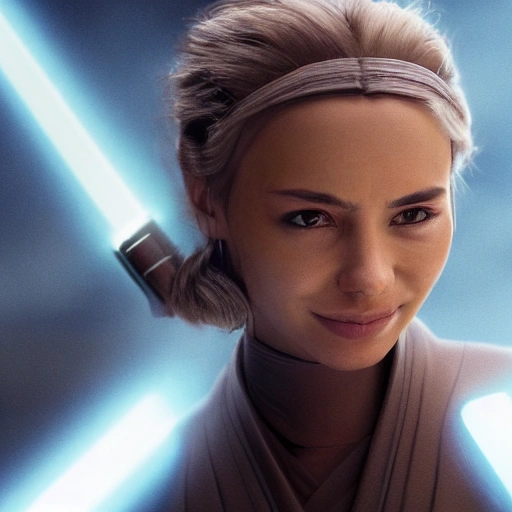 4k，a young beautiful jedi woman, high quality, smile, fight
