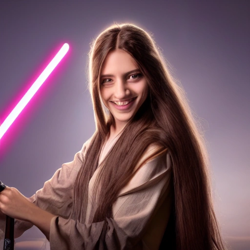 4k，a young beautiful jedi woman, high quality, smile, long hair
