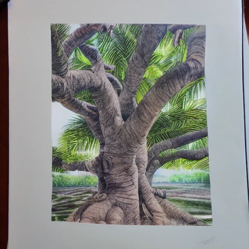 Colored pencil art on paper, Mango tree, highly detailed, artstation, MasterPiece, Award-Winning, Caran d'Ache Luminance