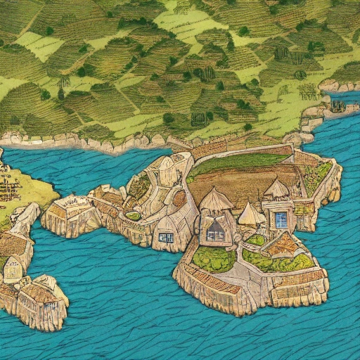 RPG Top Down Map View: A 5th century French seaside fishing village with thatched roof cottages, a small harbor for boats, and rolling hills dotted with vineyards.