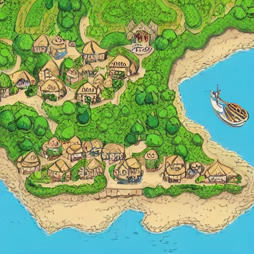 RPG Top Down Map Style: A 5th century French seaside fishing village with thatched roof cottages, a small harbor for boats, and rolling hills dotted with vineyards.