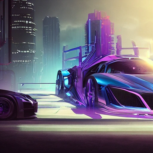 a beautiful portrait of a cyberpunk sport car by greg rutkowski and wlop, purple blue color scheme, high key lighting, digital art, highly detailed, fine detail, intricate, ornate, complex, unreal engine