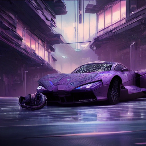 a beautiful portrait of a cyberpunk sport car by greg rutkowski and wlop, purple blue color scheme, high key lighting, digital art, highly detailed, fine detail, intricate, ornate, complex, unreal engine