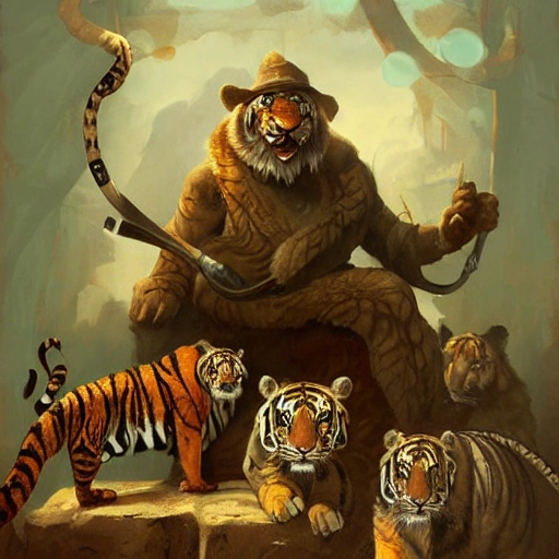 a painting of a old wise man sitting in front of a group of animals: Cobra, Dog, Tiger. matte fantasy painting, deviantart artstation, by jason felix by steve argyle by tyler jacobson by peter mohrbacher, cinema 