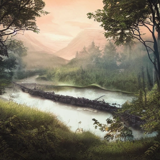 Eye level view of a Wilderness with a Road, a River, a Bridge, and a Campsite at dusk while overcast, masterpiece, Ultra Detailed, Hyper-realistic, environment concept art by Elden Ring.