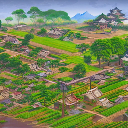 Eye level view of a Feudal Japanese Rural Village with Farmlands, Irrigation Channels, a Market, and a Shrine at dawn while sunny, masterpiece, Ultra Detailed, Hyper-realistic, environment concept art by Street Fighter.