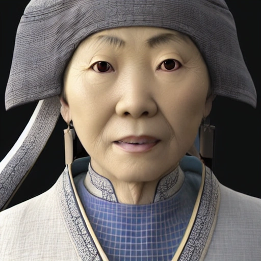 3D RPG Wide angle shot, full-body image of an 16th century, older Japanese woman who looks like Miyuki Takahashi, masterpiece, Ultra Detailed, Hyper-realistic, white background, character concept art by Unreal Engine.