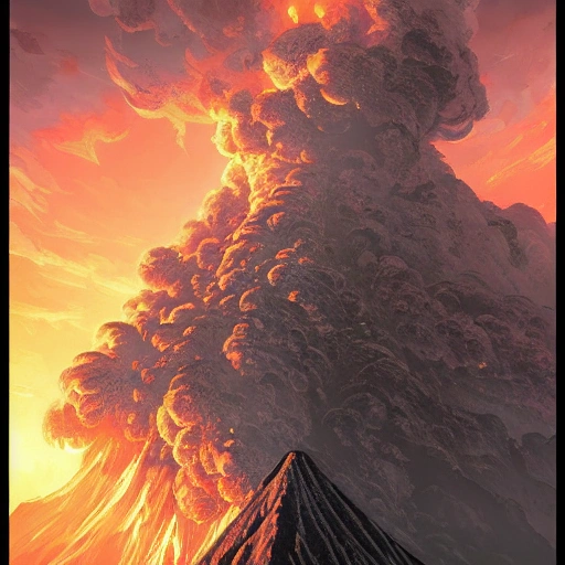 Award-winning, 4K digital painting in the style of Yoshitaka Amano. Detailed and intricate depiction of a volcano apocalypse, masterfully capturing the chaos and drama of the scene. Beautiful lighting and cinematic composition make this piece a true masterpiece, trending on artstation. "VOLCAN SONICO" text