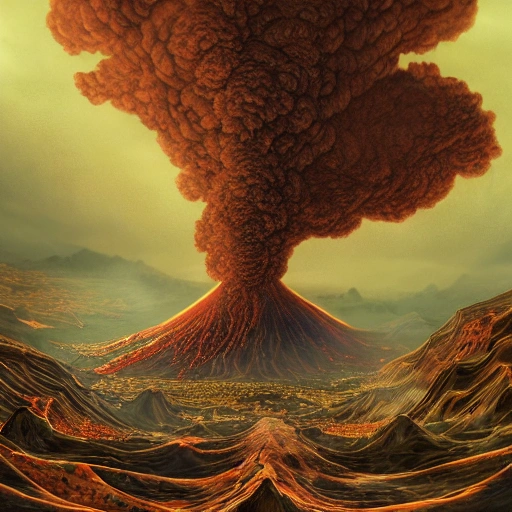 Award-winning, 4K digital painting in the style of Yoshitaka Amano. Detailed and intricate depiction of a volcano apocalypse, masterfully capturing the chaos and drama of the scene. Beautiful lighting and cinematic composition make this piece a true masterpiece, trending on artstation. In the front you have a music band playing saying LISTOS PARA EL KAOS