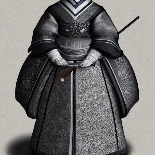 Wide angle shot, full-body image of an 16th century, older Japanese woman who looks like Miyuki Takahashi, masterpiece, Ultra Detailed, Hyper-realistic, white background, character concept art by Unreal Engine.