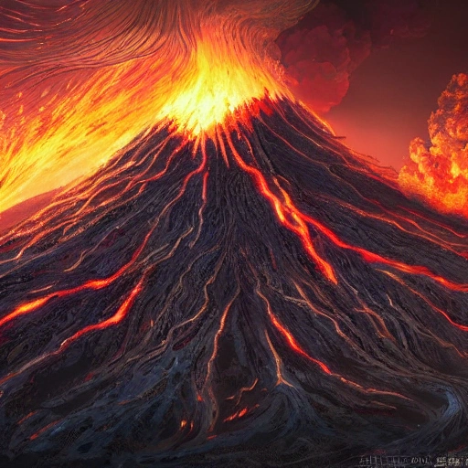 Award-winning, 4K digital painting in the style of Yoshitaka Amano. Detailed and intricate depiction of a volcano apocalypse, masterfully capturing the chaos and drama of the scene. Beautiful lighting and cinematic composition make this piece a true masterpiece, trending on artstation. In the front you have a music band playing saying LISTOS PARA EL KAOS, Trippy