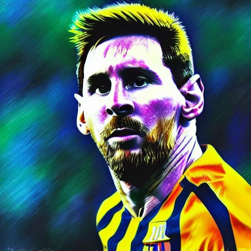 Messi, foto retrato, villano, sin distorsión, con una capa, con un paisaje de fondo de guerra
