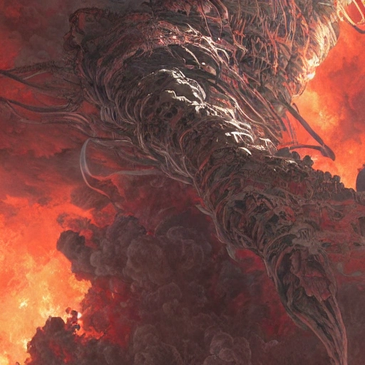 Award-winning, 4K digital painting in the style of Yoshitaka Amano. Detailed and intricate depiction of a volcano apocalypse, masterfully capturing the chaos and drama of the scene. Beautiful lighting and cinematic composition make this piece a true masterpiece, trending on artstation. SkELETON HAND