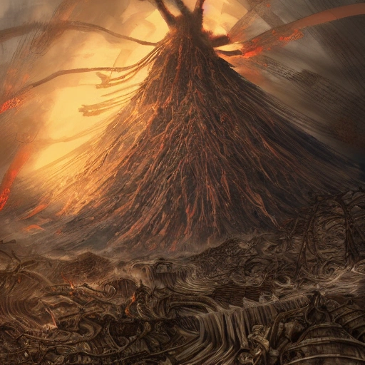 Award-winning, 4K digital painting in the style of Yoshitaka Amano. Detailed and intricate depiction of a volcano apocalypse and a skeleton hand, masterfully capturing the chaos and drama of the scene. Beautiful lighting and cinematic composition make this piece a true masterpiece, trending on artstation. 