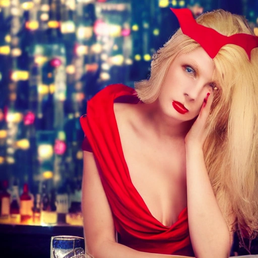 blonde woman blue eyes wearing a long flowing red dress, requesting a cocktail at a bar, on new years eve, in a bladerunner dystopian future
