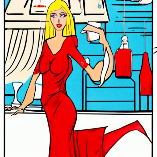 blonde woman blue eyes wearing a long flowing red dress, requesting a cocktail at a bar, on new years eve, in a bladerunner dystopian future, Cartoon