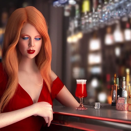 blonde woman blue eyes wearing a long flowing red dress, requesting a cocktail at a bar, on new years eve, in a bladerunner dystopian future, , 3D