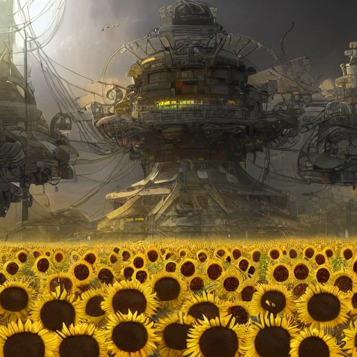 Award-winning, 4K digital painting in the style of Yoshitaka Amano. Detailed and intricate depiction of a security facility in a sunflower land, masterfully capturing the chaos and drama of the scene. Beautiful lighting and cinematic composition make this piece a true masterpiece, trending on artstation. 