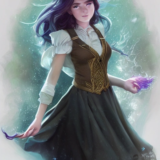 realistic portrait of a innocent young teen girl, d&d magic fantasy, dark magical school student uniform, light curly hair, casting a bright large-scale magical spell around herself, overflowing energy, highly detailed, digital painting, trending on artstation, pixiv, concept art, sharp focus, illustration, art by Ross Tran and Greg Rutkowski and Walt Disney animation