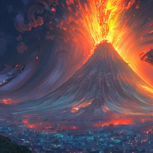 Award-winning, 4K digital painting in the style of Yoshitaka Amano. Detailed and intricate depiction of a volcano, masterfully capturing the chaos and drama of the scene. Beautiful lighting and urban composition make this piece a true masterpiece, trending on artstation