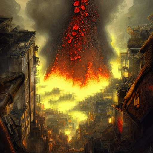 Award-winning, 4K digital painting in the style of Yoshitaka Amano. Detailed and intricate depiction of a volcano in a wall, masterfully capturing the urban chaos of the scene. Beautiful lighting and contrast composition make this piece a true masterpiece, trending on artstation