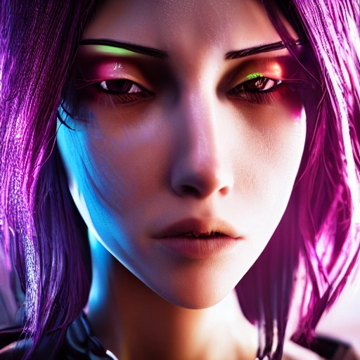 side close up portrait of 1 cyberpunk girl, detailed face, spotlight, cyberpunk city, wired, multicolored, vibrant high contrast, hyperrealistic, photografic, 8k, epic ambient light, octane render, 3D