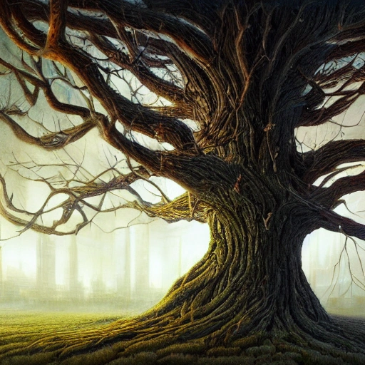 Prompt: Illustration of a surreal, otherworldly scene featuring a giant, detailed and intricate tree with beautiful lighting and realistic proportions, as if it were a cinematic background, by popular artists Jeremy Geddes and Zara Gonzalez Hoang, 4k, clean, realistic face, realistic eyes, highest quality, realistic hands, trending on artstation, masterpiece, Trippy