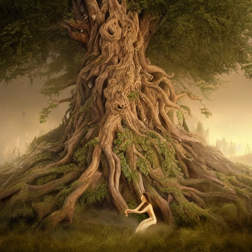 Prompt: Illustration of a surreal, otherworldly scene featuring a giant, detailed and intricate tree with beautiful lighting and realistic proportions, as if it were a cinematic background, by popular artists Jeremy Geddes and Zara Gonzalez Hoang, 4k, clean, realistic face, realistic eyes, highest quality, realistic hands, trending on artstation, masterpiece, Trippy