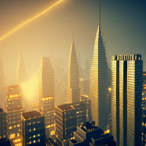 art deco city skyscrapers steam highly detailed light golden hour volumetric lightning octane render trending in artstation 32k vibrant colors