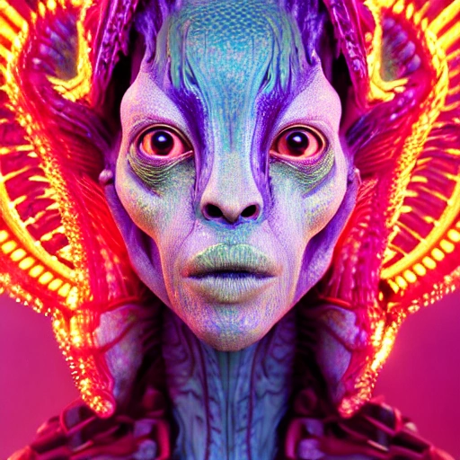 portrait of a colorful alien,intricate details,photo realistic,octane render,Unreal Engine,by Weta Digital,by Wêtà FX,by WLOP,Cinematic,Color Grading,Shot on 70mm, Ultra-Wide Angle,Depth of Field,Shutter Speed 1/1000,F/22,Gamma,White Balance, Neon,Light,Dark,Light Mode,Dark Mode,High Contrast,Super-Resolution, Megapixel,ProPhoto RGB,VR,Spotlight,Frontlight,Halfrear Lighting,Backlight,Rim Lights,Rim Lighting,Natural Lighting,Cinematic Lighting,Studio Lighting,Soft Lighting,Hard Lighting,Volumetric Lighting,Volumetric,Rembrandt Lighting,Beautiful Lighting,Accent Lighting,Global Illumination,Lumen Global Illumination,Ray Tracing Global Illumination,Ray Tracing Reflections