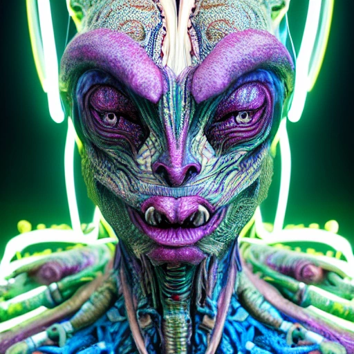 portrait of a colorful alien,intricate details,photo realistic,octane render,Unreal Engine,by Weta Digital,by Wêtà FX,by WLOP,Cinematic,Color Grading,Shot on 70mm, Ultra-Wide Angle,Depth of Field,Shutter Speed 1/1000,F/22,Gamma,White Balance, Neon,Light,Dark,Light Mode,Dark Mode,High Contrast,Super-Resolution, Megapixel,ProPhoto RGB,VR,Spotlight,Frontlight,Halfrear Lighting,Backlight,Rim Lights,Rim Lighting,Natural Lighting,Cinematic Lighting,Studio Lighting,Soft Lighting,Hard Lighting,Volumetric Lighting,Volumetric,Rembrandt Lighting,Beautiful Lighting,Accent Lighting,Global Illumination,Lumen Global Illumination,Ray Tracing Global Illumination,Ray Tracing Reflections