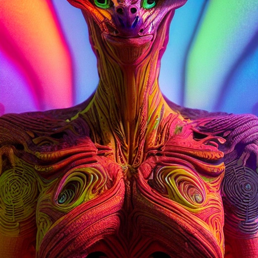 portrait of a colorful alien,intricate details,photo realistic,octane render,Unreal Engine,by Weta Digital,by Wêtà FX,by WLOP,Cinematic,Color Grading,Shot on 70mm, Ultra-Wide Angle,Depth of Field,Shutter Speed 1/1000,F/22,Gamma,White Balance, Light,Dark,Light Mode,Dark Mode,High Contrast,Super-Resolution, Megapixel,ProPhoto RGB,VR,Spotlight,Frontlight,Halfrear Lighting,Backlight,Rim Lights,Rim Lighting,Natural Lighting,Cinematic Lighting,Studio Lighting,Soft Lighting,Hard Lighting,Volumetric Lighting,Volumetric,Rembrandt Lighting,Beautiful Lighting,Accent Lighting,Global Illumination,Lumen Global Illumination,Ray Tracing Global Illumination,Ray Tracing Reflections