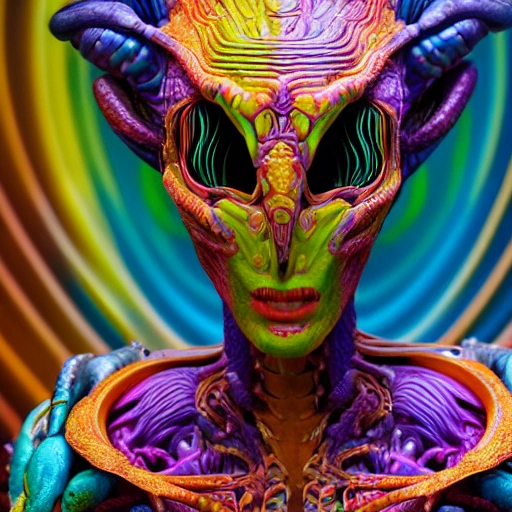 portrait of a colorful alien,intricate details,photo realistic,octane render,Unreal Engine,by Weta Digital,by Wêtà FX,by WLOP,Cinematic,Color Grading,Shot on 70mm, Ultra-Wide Angle,Depth of Field,Shutter Speed 1/1000,F/22,Gamma,White Balance, Light,Dark,Light Mode,Dark Mode,High Contrast,Super-Resolution, Megapixel,ProPhoto RGB,VR,Spotlight,Frontlight,Halfrear Lighting,Backlight,Rim Lights,Rim Lighting,Natural Lighting,Cinematic Lighting,Studio Lighting,Soft Lighting,Hard Lighting,Volumetric Lighting,Volumetric,Rembrandt Lighting,Beautiful Lighting,Accent Lighting,Global Illumination,Lumen Global Illumination,Ray Tracing Global Illumination,Ray Tracing Reflections