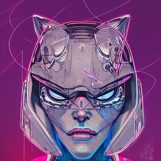 portrait painting of a cyberpunk cat - headed cyborg, sharp focus, award - winning, trending on artstation, masterpiece, highly detailed, intricate. art by josan gonzales and moebius and deathburger