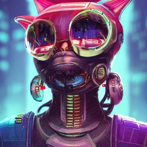 portrait painting of a cyberpunk cat - headed cyborg, sharp focus, , octane render, hyperrealistic, award - winning, trending on artstation, masterpiece, highly detailed, intricate. art by josan gonzales and moebius and deathburger, 3D