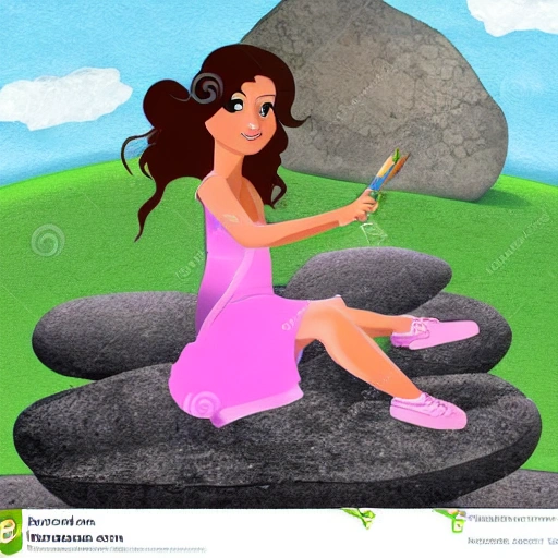 a beautiful girl sit on the stone, Cartoon