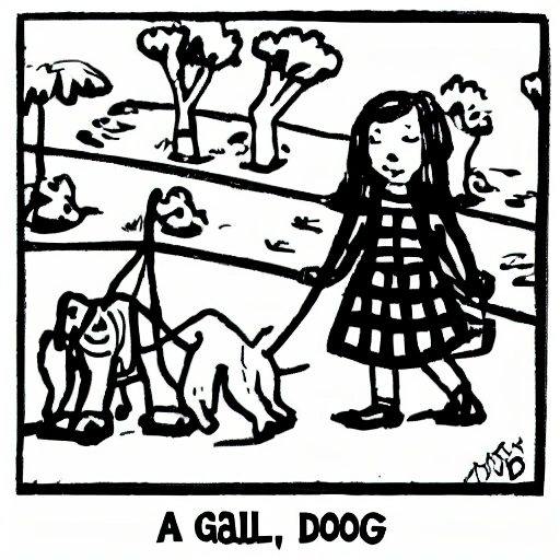 a girl lead along a dog, Cartoon