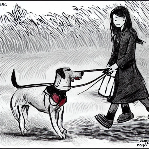 a girl lead along a dog, Cartoon