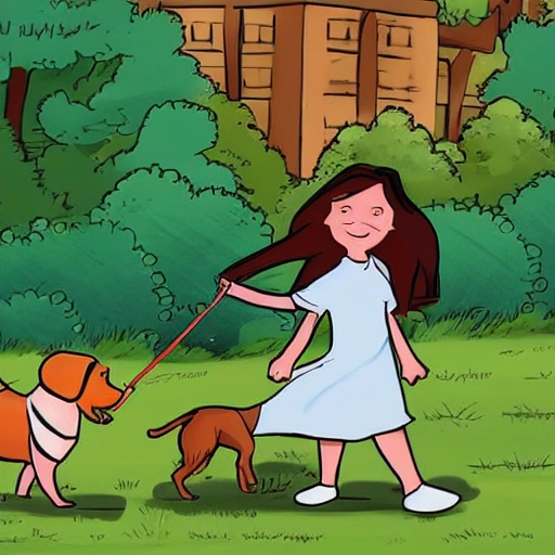 a girl lead along a dog, Cartoon