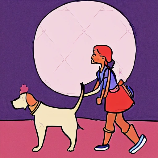 a girl lead along a dog, Cartoon