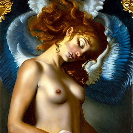 beautiful girl, Oil Painting, Baroque, By Artemisia Gentileschi, By David LaChapelle, Night, Daniel Libeskind, crazy full body nude,perfect crazy face, perfect beautiful crazy eyes, big breasts, hairy, whit angel wing
