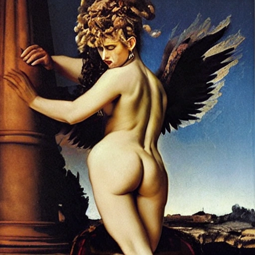 beautiful girl, Oil Painting, Baroque, By Artemisia Gentileschi, By David LaChapelle, Night, Daniel Libeskind, crazy full body nude,perfect crazy face, perfect beautiful crazy eyes, big breasts, hairy, whit angel wing
