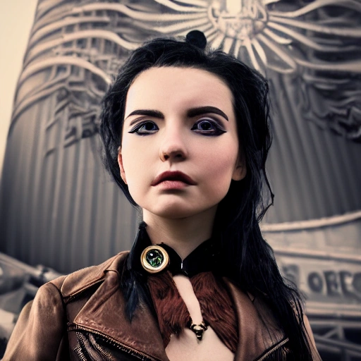 detailed, close up portrait of girl standing in a steampunk city with the wind blowing in her black hair, cinematic warm color palette, spotlight, perfect symmetrical face