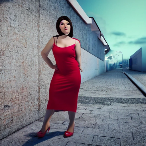 Sesión fotográfica hyperrealista de una mujer con cabello rubio y ojos azules con vestido rojo en una ciudad llena de hermosa arquitectura gótica contemporánea, dinujo realista y render 8k
, 3D