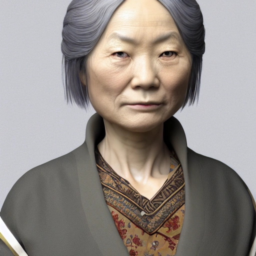 Wide angle shot, full-body image of an 16th century, older Japanese woman who looks like Miyuki Takahashi, masterpiece, Ultra Detailed, Hyper-realistic, octane render, white background, character concept art by Unreal Engine.