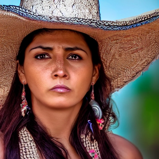 rostro femenino, morena, ojos claros, retrato, sombrero mexicano ,pistola ,arma,