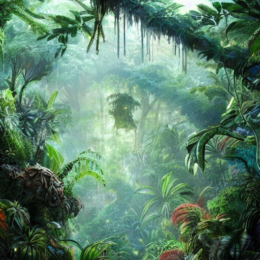 Digital illustration, detailed and intricate, of a dense jungle rain  filled with exotic plants, the sunlight filtering through the canopy creating a dappled effect. In the style of Yoshitaka Amano and Hayao Miyazaki, masterpiece, proportional, detailed, trending on artstation, beautiful lighting, realistic, intricate, award winning, 4k, highest quality